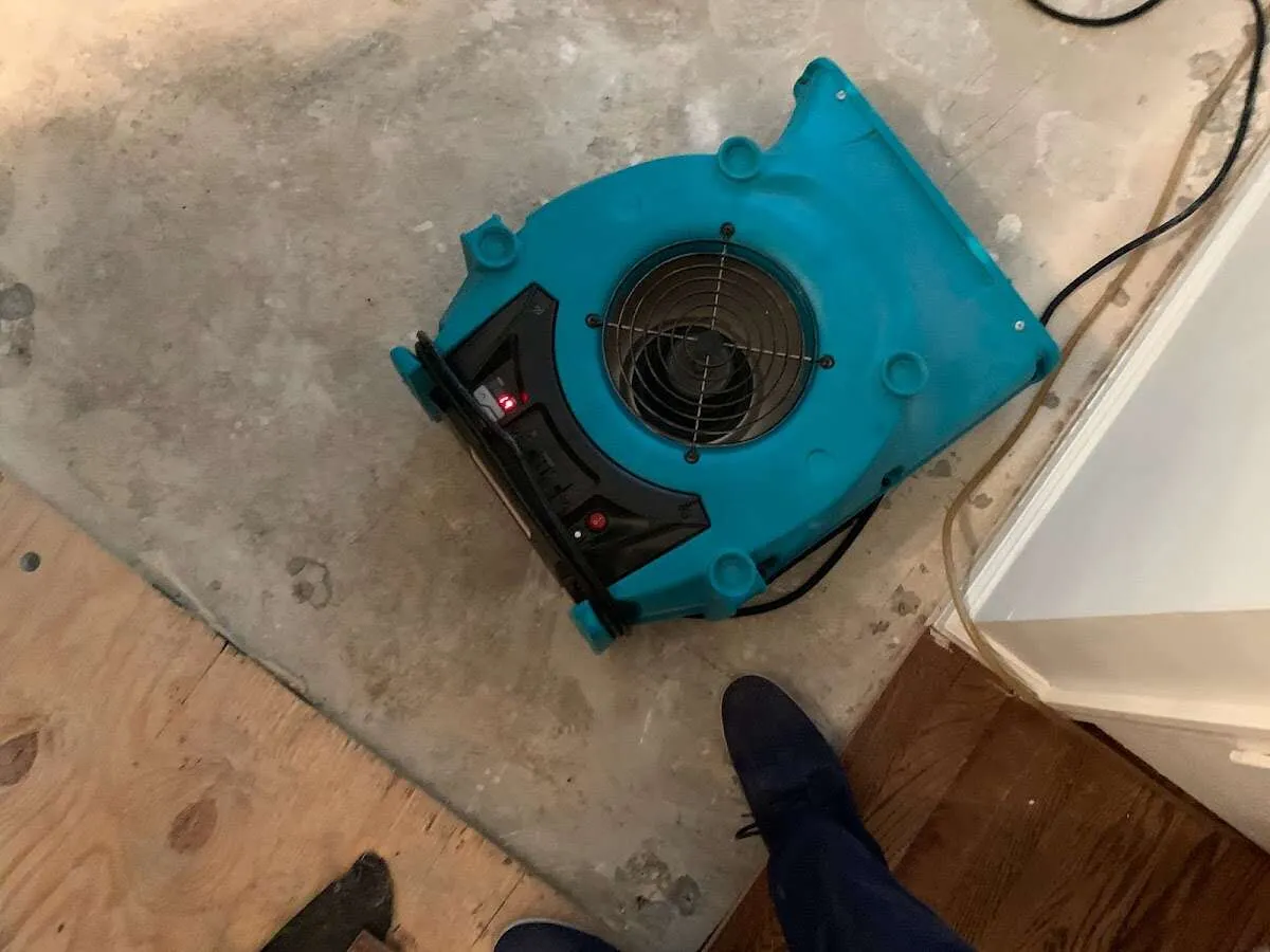 Air mover drying subfloor during Commercial Water Damage Restoration in Laurel Bay